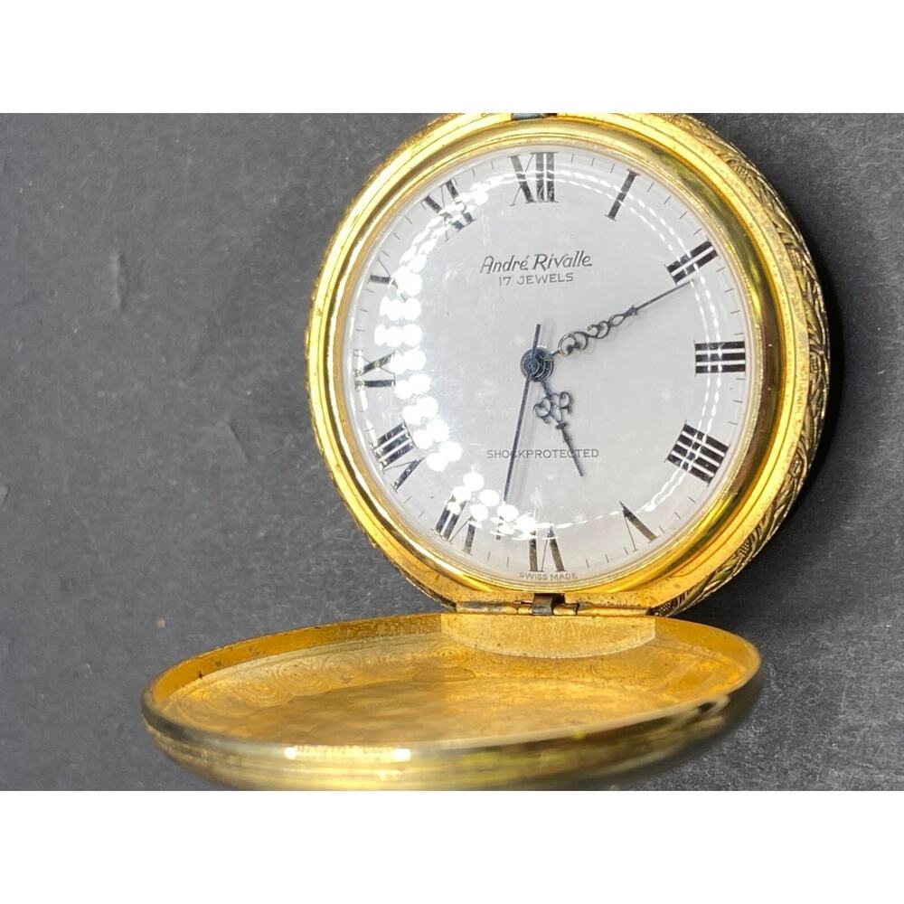 Vintage Andre Rivalle Quartz Swiss Pocket Watch Hunting Scene Gold Tone